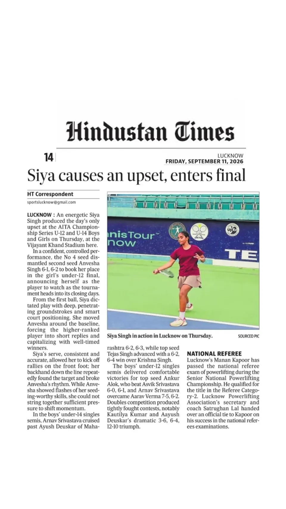 Hindustan Times, 11 September 2026 — newspaper clipping: Siya Singh reaches the final at the AITA Championship Series in Lucknow